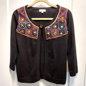 JOSEPH A. Black 3/4 Sleeves Open Front One Button Cardigan with Beading - SML